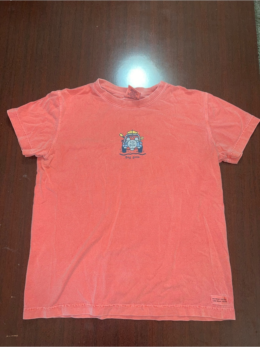 Life Is Good Coral Crewneck Tee with Dog-in-Van Graphic